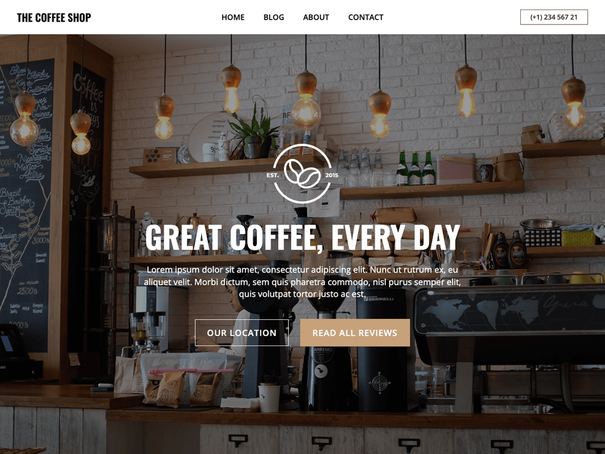 Mẫu website quán cafe hiển thị menu và thông tin thương hiệu trên trang chủ