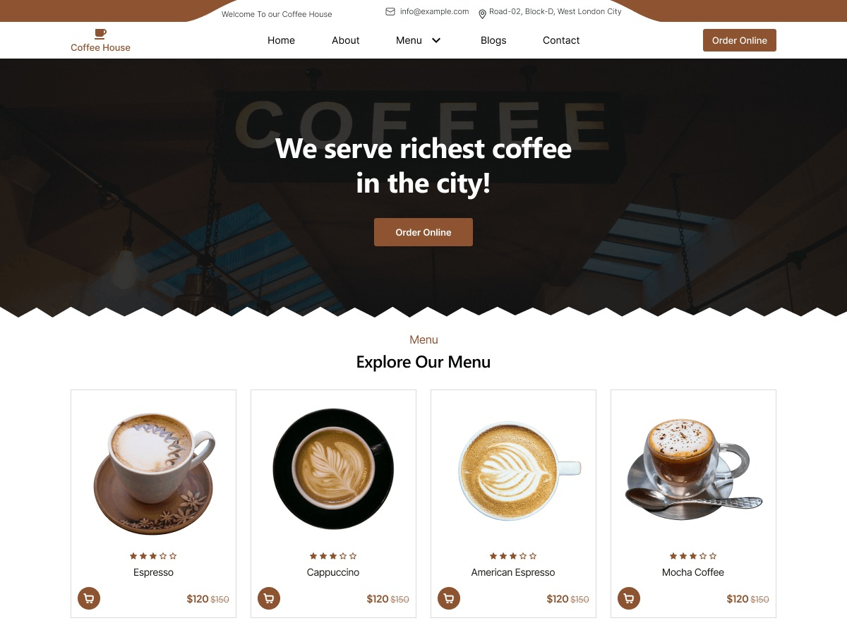 Mẫu giao diện website coffee shop có khu vực giới thiệu sản phẩm và đặt món