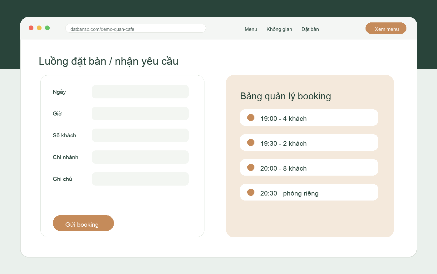 Mẫu form đặt bàn trên website quán cafe