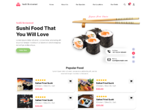 Screenshot mẫu website sushi izakaya có menu và nút đặt bàn cho khách buổi tối