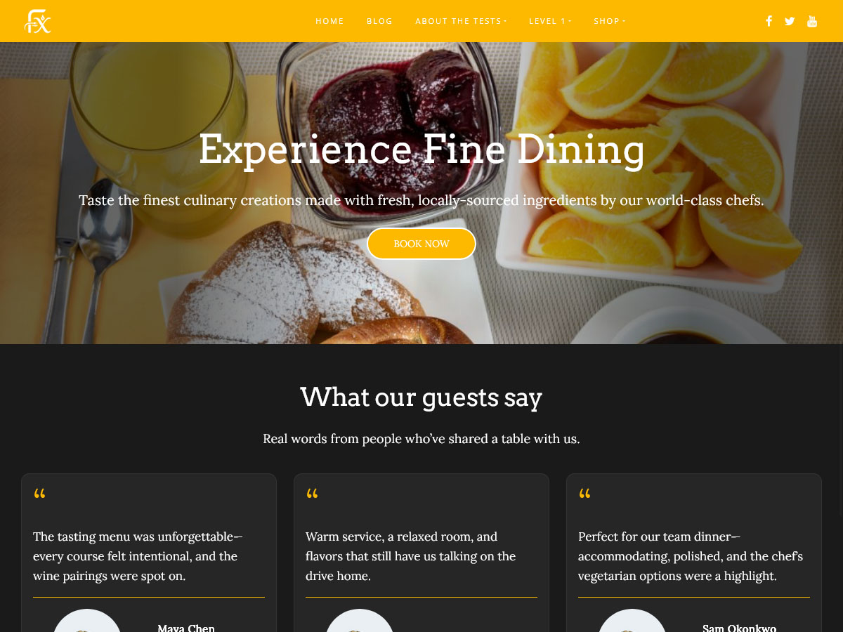 Screenshot mẫu website nhà hàng Âu với bố cục đặt bàn và menu trực quan