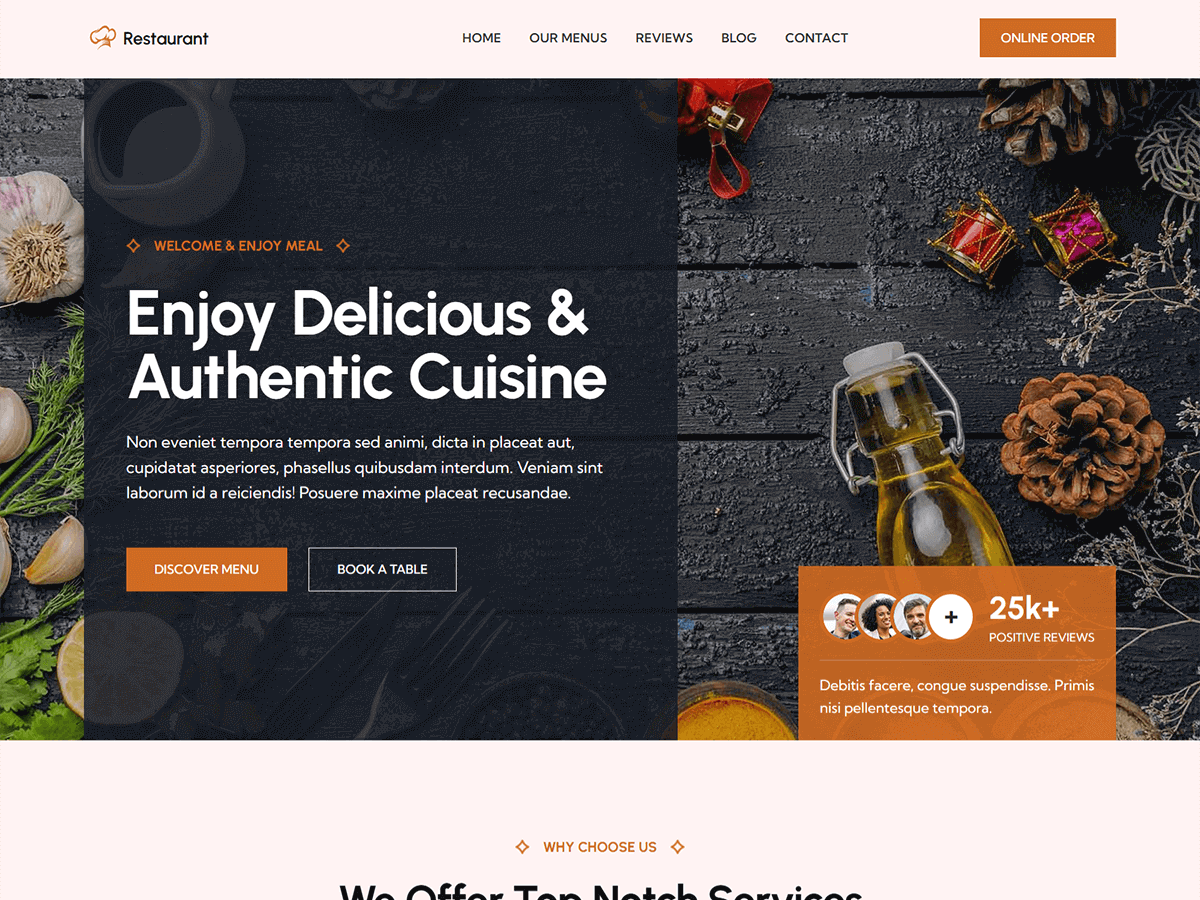 Mẫu website restaurant block theme minh họa landing page cho steakhouse