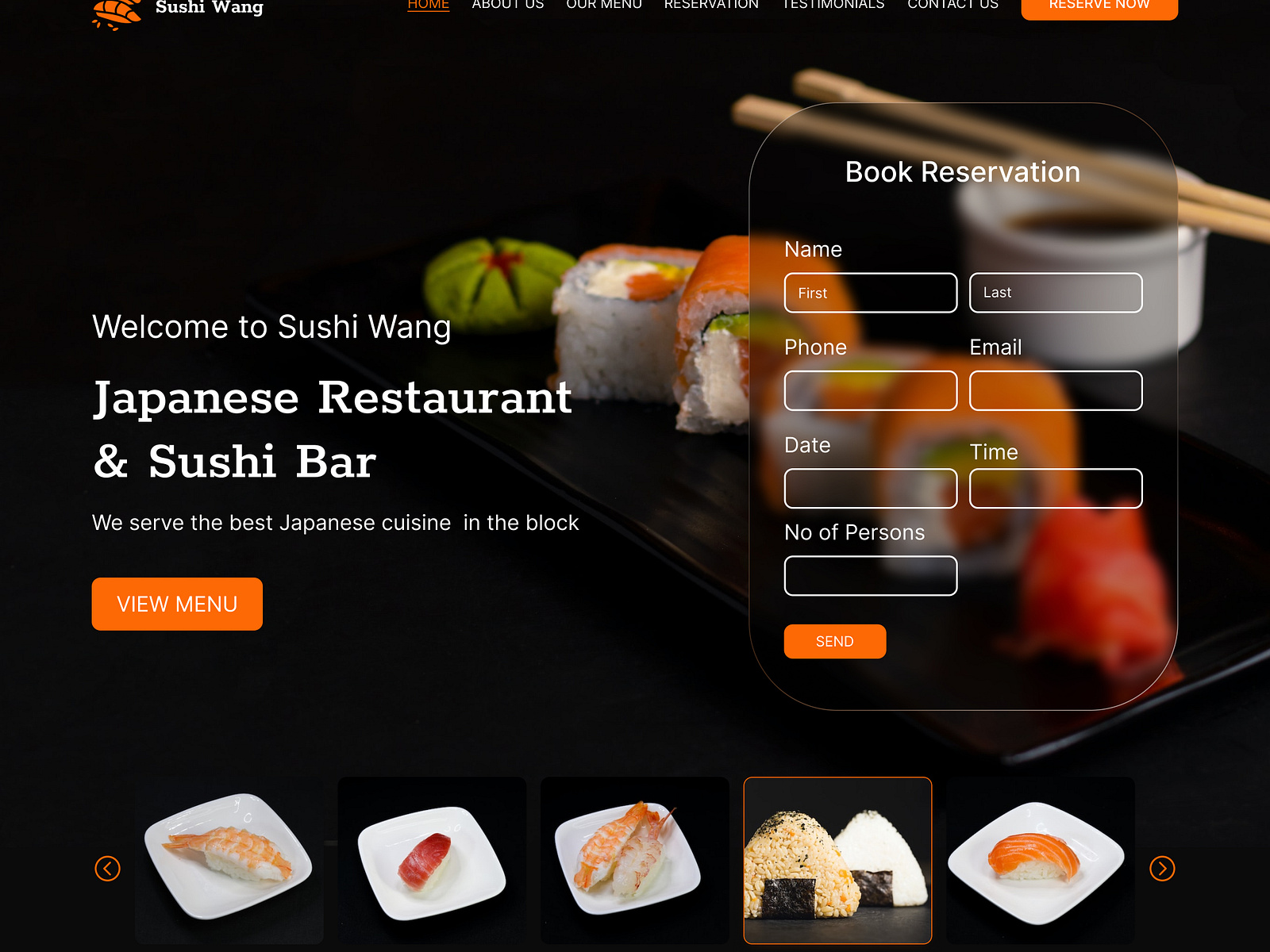 Giao diện website sushi có form đặt bàn trực tuyến