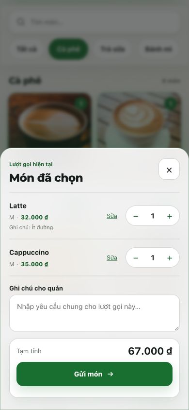 Giỏ A04: Latte M ít đường và Cappuccino M, tổng 67.000 đồng