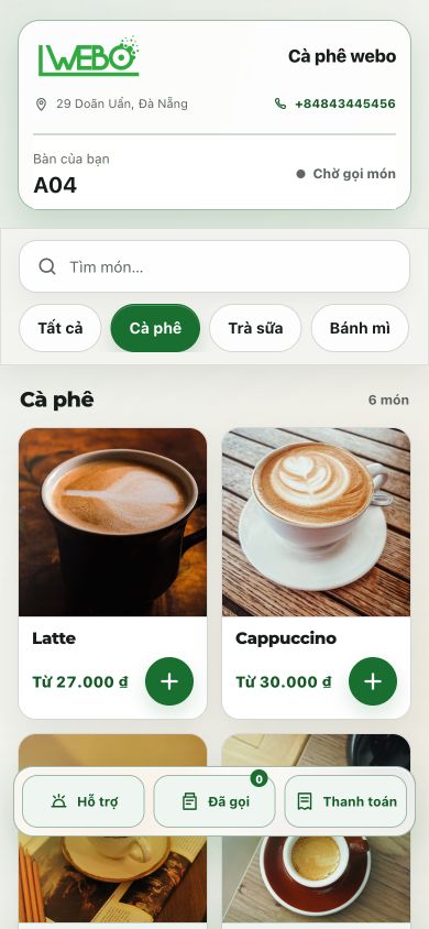 Menu QR local của bàn A04: Latte và Cappuccino