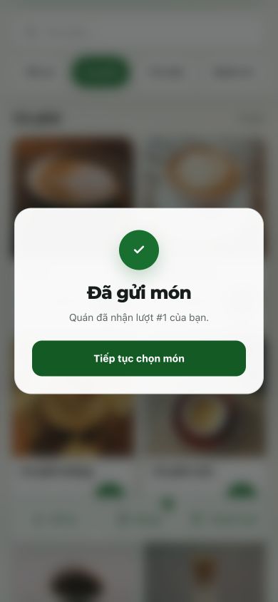 Xác nhận quán đã nhận lượt gọi số 1 của bàn A04