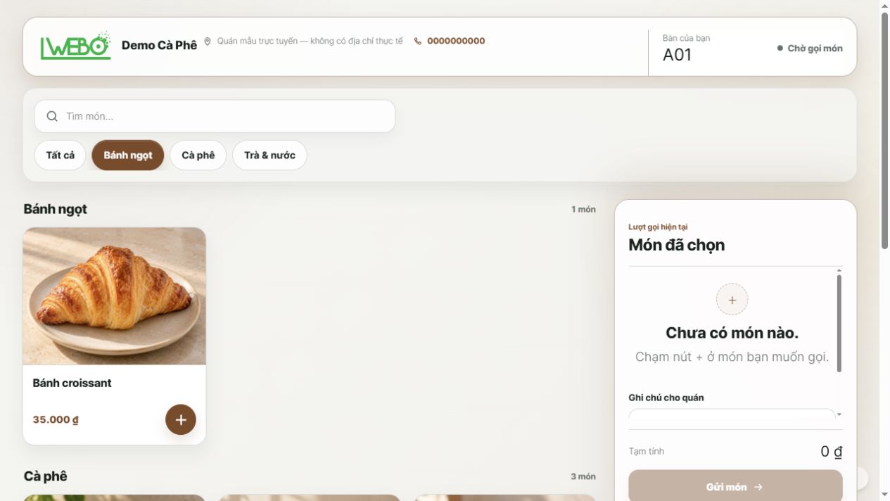 Menu iPOS của Demo Cà Phê, danh sách món và khung món đã chọn